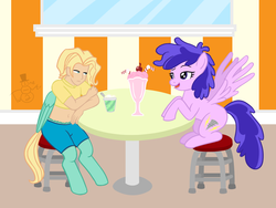 Size: 1352x1016 | Tagged: safe, artist:oneovertwo, plumberry, oc, oc:gale, pegasus, pony, satyr, belly button, canon x oc, clothes, female, male, midriff, older, older plumberry, parent:zephyr breeze, shipping, short shirt, straight