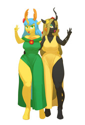 Size: 750x1102 | Tagged: safe, artist:carnifex, oc, oc only, oc:deciduous, oc:evergreen, changedling, changeling, changeling queen, anthro, unguligrade anthro, anthro oc, changedling oc, changeling oc, changeling queen oc, clothes, dress, duo, duo female, female, partial hem, samebod, side slit, simple background, small hands, total sideslit, yellow changeling