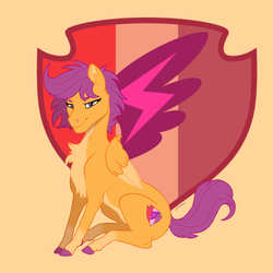 Size: 1800x1800 | Tagged: safe, artist:shimazun, scootaloo, pegasus, pony, g4, colored hooves, cutie mark, cutie mark background, female, mare, older, older scootaloo, orange background, realistic horse legs, simple background, smiling, solo, the cmc's cutie marks
