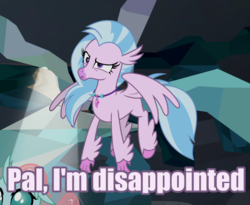 Size: 660x540 | Tagged: safe, edit, edited screencap, editor:lyinx, screencap, silverstream, classical hippogriff, hippogriff, g4, what lies beneath, cropped, dissapoint, female, flying, image macro, impact font, meme, silverstream is not amused, solo focus, text, unamused, wings