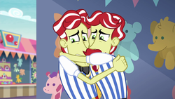 Size: 1920x1080 | Tagged: safe, screencap, flam, flim, equestria girls, equestria girls series, g4, rollercoaster of friendship, embrace, flim flam brothers, hug, scared, worried