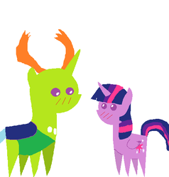 Size: 473x496 | Tagged: safe, artist:damiranc1, thorax, twilight sparkle, alicorn, changedling, changeling, pony, g4, antlers, chibi, cutie mark, female, king thorax, looking at each other, male, ms paint, shipping, simple background, size difference, straight, twilight sparkle (alicorn), twirax, white background