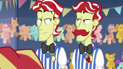 Size: 1920x1080 | Tagged: safe, screencap, flam, flim, sunset shimmer, equestria girls, equestria girls series, g4, rollercoaster of friendship, flim flam brothers, looking at each other, smiling, smirk