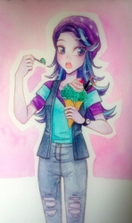 Size: 1520x2560 | Tagged: safe, artist:12irinchan, starlight glimmer, equestria girls, equestria girls specials, g4, mirror magic, beanie, eating, female, food, hat, ice cream, open mouth, solo, traditional art, watercolor painting