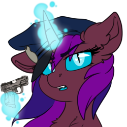 Size: 2000x2000 | Tagged: safe, artist:spoopygander, oc, oc only, oc:feiya waull, pony, unicorn, angry, bat eyes, chest fluff, ear fluff, fangs, glowing horn, gun, high res, horn, looking at you, magic, multicolored hair, open mouth, police hat, police officer, police uniform, simple background, slit pupils, telekinesis, transparent background, weapon