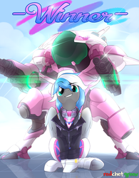Size: 2000x2564 | Tagged: safe, artist:redchetgreen, oc, oc only, oc:cloud zapper, pegasus, pony, clothes, commission, crossover, d.va, female, hat, high res, mare, mecha, overwatch, smiling, solo