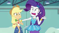 Size: 1920x1080 | Tagged: safe, screencap, applejack, rarity, equestria girls, equestria girls specials, g4, my little pony equestria girls: better together, my little pony equestria girls: rollercoaster of friendship, rarity peplum dress