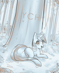 Size: 981x1210 | Tagged: safe, artist:mirroredsea, pony, advertisement, female, forest, looking at you, looking back, looking back at you, solo, tree, ych example, your character here