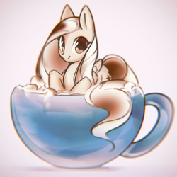 Size: 1210x1210 | Tagged: safe, artist:mirroredsea, fluttershy, pegasus, pony, g4, cappuccino, cup, cup of pony, female, looking at you, mare, micro, partial color, smiling, solo
