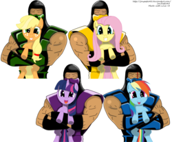 Size: 983x812 | Tagged: safe, artist:jonpablo45, applejack, fluttershy, rainbow dash, twilight sparkle, reptile, g4, crossover, mortal kombat, rain (mortal kombat), reptile (mortal kombat), scorpion (mortal kombat), simple background, sub-zero, transparent background