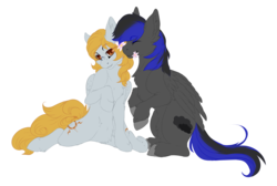 Size: 2369x1589 | Tagged: safe, artist:requiem♥, oc, oc:thunderblitzdash, pegasus, pony, black and blue, black hair, blue hair, brown eyes, cheek fluff, commission, ear fluff, female, flower, love, male, oc x oc, shipping, simple background, straight, transparent background, white fur, wings, yellow hair, your character here