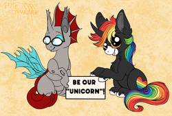 Size: 1943x1316 | Tagged: safe, artist:sweet-mayhem, oc, oc only, oc:cloudburst, oc:rainbow heart, changeling, pony, unicorn, changeling oc, glasses, hooves, horn, looking at you, male, rainbow, red changeling, sign, sitting, smiling, unicorn oc, wings