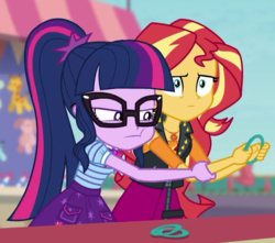 Size: 742x655 | Tagged: safe, screencap, sci-twi, sunset shimmer, twilight sparkle, equestria girls, equestria girls series, g4, rollercoaster of friendship, clothes, cropped, female, geode of empathy, geode of telekinesis, magical geodes, ponytail