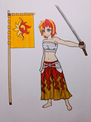 Size: 469x631 | Tagged: safe, artist:metalamethyst, sunset shimmer, equestria girls, g4, alternate hairstyle, barefoot, breast binding, crossover, erza scarlett, fairy tail, feet, flag, katana, sarashi, scar, short hair, sword, traditional art, weapon