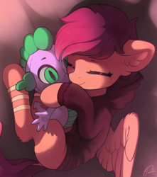 Size: 1500x1700 | Tagged: safe, artist:freeedon, spike, oc, oc:ramiras, pegasus, pony, g4, clothes, cuddling, cute, eyes closed, female, filly, hnnng, hoodie, not scootaloo, plushie, smiling, solo