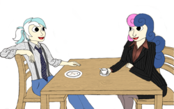 Size: 4152x2608 | Tagged: safe, artist:jesterofdestiny, derpibooru exclusive, bon bon, lyra heartstrings, sweetie drops, human, g4, blouse, chair, clothes, coffee, digitally colored, dress shirt, duo, humanized, jeans, looking at each other, necktie, open mouth, pants, pantyhose, pinstripes, plate, ponytail, satin, shirt, silk, simple background, sitting, skirt, skirt suit, stockings, suit, suspenders, table, thigh highs, traditional art, tube skirt, white background