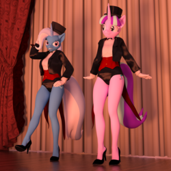 Size: 2000x2000 | Tagged: safe, artist:tahublade7, starlight glimmer, trixie, anthro, plantigrade anthro, 3d, beautiful, clothes, cute, dancing, daz studio, hat, high heels, legs, leotard, magician, magician outfit, shoes, smiling, stiletto heels, tap dancing, top hat, tuxedo