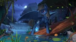 Size: 1920x1080 | Tagged: safe, artist:discordthege, oc, oc only, bat pony, butterfly, fish, pony, bat pony oc, bat wings, cloud, commission, digital art, fangs, female, full moon, hypnosis, log, looking down, mare, moon, night, night sky, open mouth, pond, red eyes, reflection, rock, scenery, signature, sky, slit pupils, solo, spread wings, tree, water, waterfall, wing claws, wings