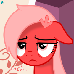 Size: 1800x1800 | Tagged: safe, artist:arifproject, oc, oc only, oc:downvote, pony, derpibooru, g4, bags under eyes, bust, derpibooru ponified, dialogue, floppy ears, meh, meta, ponified, simple background, solo, unamused, vector