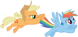 Size: 900x428 | Tagged: safe, applejack, rainbow dash, earth pony, pegasus, pony, fall weather friends, g4, cowboy hat, duo, female, hat, mare, pounce, simple background, transparent background, vector