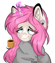 Size: 714x822 | Tagged: safe, artist:ilovefraxus, oc, oc only, oc:tarot, classical unicorn, pony, unicorn, blanket, bust, cloven hooves, coffee, curved horn, digital art, ear piercing, female, floppy ears, freckles, horn, leonine tail, long mane, magic, mare, mug, palomino, piercing, pink mane, simple background, sleepy, solo, transparent background, unshorn fetlocks, ych result