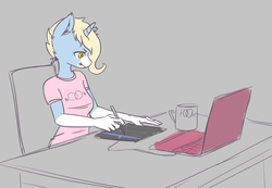 Size: 2894x2000 | Tagged: safe, artist:wernex, oc, oc:nootaz, unicorn, anthro, clothes, computer, drawing, drawing tablet, female, high res, laptop computer, mug, solo
