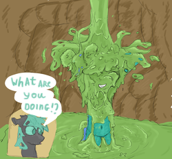 Size: 1929x1789 | Tagged: safe, artist:pzkratzer, oc, changeling, earth pony, goo, pony, bath, belly button, bipedal, changeling oc, changeling slime, duo, green changeling, hive, messy, shipping, slime, smiling