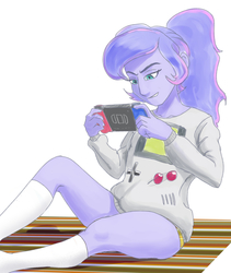 Size: 818x968 | Tagged: safe, artist:grissaecrim, princess luna, vice principal luna, gamer luna, equestria girls, g4, clothes, female, nintendo switch, playing, simple background, sitting, socks, solo, white background