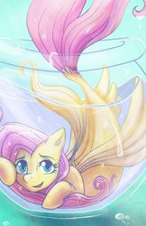 Size: 523x808 | Tagged: safe, artist:cold-creature, fluttershy, pegasus, pony, seapony (g4), g4, bubble, crepuscular rays, cute, dorsal fin, female, fin, fin wings, fins, fish bowl, fish tail, flowing mane, flowing tail, green eyes, looking at you, mare, open mouth, open smile, pink mane, pink tail, scales, seaponified, seapony fluttershy, shyabetes, smiling, smiling at you, solo, species swap, sunlight, tail, underwater, water, wings