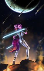 Size: 3200x5200 | Tagged: safe, artist:mintjuice, oc, oc only, oc:thunder blast, alien, unicorn, anthro, anthro oc, clothes, drop pod, energy sword, exosuit, female, fire, invasion, landing, looking at you, mare, night, planet, sky, weapon, ych result