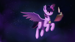 Size: 2560x1440 | Tagged: safe, artist:quvr, twilight sparkle, alicorn, pony, fanfic:songs of the spheres, fanfic:the influence, g4, alternate universe, commission, fanfic art, female, flying, magic, mare, notebook, quill, solo, space, spread wings, twilence, twilight sparkle (alicorn), wings