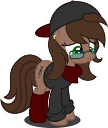 Size: 1280x1517 | Tagged: safe, artist:buckeyescozycafe, oc, oc only, oc:avery mcknight, earth pony, pony, cap, clothes, female, glasses, hat, mare, show accurate, simple background, solo, transparent background