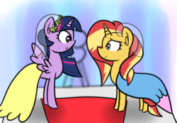 Size: 1280x886 | Tagged: safe, artist:artiks, sunset shimmer, twilight sparkle, alicorn, pony, unicorn, g4, alternate clothes, clothes, dress, female, lesbian, looking at each other, marriage, ship:sunsetsparkle, shipping, smiling, twilight sparkle (alicorn), wedding, wedding dress