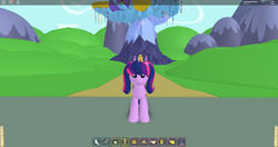 Size: 1920x1017 | Tagged: safe, artist:jimmyhook19202122, twilight sparkle, pony, unicorn, g4, alternate hairstyle, my little pony 3d: roleplay is magic, pigtails, ponyville, roblox, roleplay is magic, twilight's castle, unicorn twilight