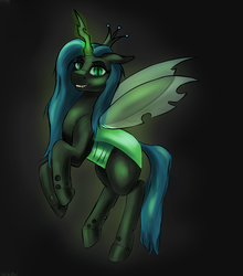 Size: 2550x2900 | Tagged: dead source, safe, artist:kelkessel, queen chrysalis, changeling, changeling queen, g4, crown, female, glowing horn, high res, horn, jewelry, looking at you, regalia, smiling, solo