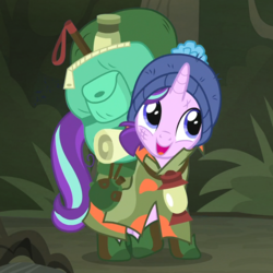 Size: 894x894 | Tagged: safe, screencap, starlight glimmer, pony, unicorn, g4, the mean 6, backpack, bag, beanie, camping outfit, clothes, cropped, cute, female, glimmerbetes, hat, lamp, lantern, mare, parka
