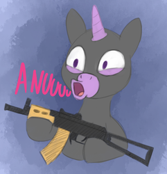 Size: 976x1013 | Tagged: safe, anonymous artist, pony, unicorn, 4chan, aks-74u, balaclava, bandit, bodysuit, cheeki breeki, dark background, drawthread, gun, hoof hold, probably not twilight sparkle, s.t.a.l.k.e.r., simple background, solo, weapon