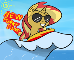 Size: 1285x1047 | Tagged: safe, artist:artiks, sunset shimmer, pony, unicorn, donkey kong country, female, mare, meme, new funky mode, ocean, solo, sunglasses, surfboard, wave