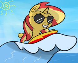 Size: 1285x1047 | Tagged: safe, artist:artiks, sunset shimmer, pony, unicorn, g4, female, mare, ocean, solo, sunglasses, surfboard, wave