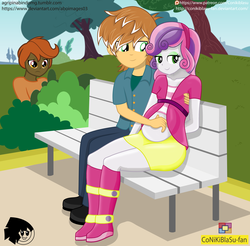 Size: 4545x4464 | Tagged: safe, artist:aboimages03, artist:conikiblasu-fan, button mash, feather bangs, sweetie belle, equestria girls, g4, absurd resolution, bench, bush, collaboration, embarrassed, older, older sweetie belle, pregnant, shipping, sweetiebangs