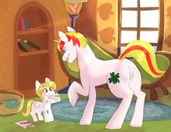 Size: 1018x784 | Tagged: safe, artist:spazzyhippie, oc, oc:golden horseshoe, oc:lucky charm, pegasus, pony, unicorn, adorable face, cute, drawing, duo, father and daughter, female, filly, fluttershy's cottage (interior), male, mouth hold, offspring, parent:fluttershy, parent:oc:lucky charm, parents:canon x oc, stallion