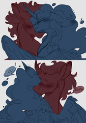 Size: 1400x2000 | Tagged: safe, artist:yuyusunshine, king sombra, princess luna, g4, 2 panel comic, blushing, comic, curved horn, cute, female, fluffy, horn, male, missing accessory, nuzzling, ship:lumbra, shipping, story included, straight, surprised, wing fluff