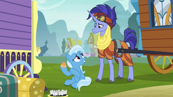 Size: 1280x720 | Tagged: safe, screencap, hoo'far, trixie, pony, saddle arabian, unicorn, g4, road to friendship, belly, clothes, doorknob, duo, female, goggles, male, mare, ms. powerful, stallion