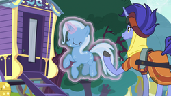 Size: 1280x720 | Tagged: safe, screencap, hoo'far, trixie, pony, saddle arabian, unicorn, g4, road to friendship, clothes, duo, eyes closed, female, levitation, magic, magic aura, male, mare, ms. powerful, self-levitation, stallion, telekinesis