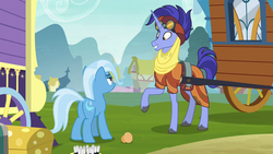 Size: 1280x720 | Tagged: safe, screencap, hoo'far, trixie, pony, saddle arabian, unicorn, g4, road to friendship, butt, clothes, duo, female, goggles, male, mare, ms. powerful, plot, raised hoof, shipping fuel, stallion