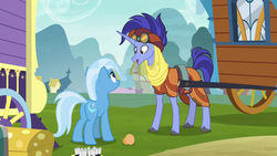 Size: 1280x720 | Tagged: safe, screencap, hoo'far, trixie, pony, saddle arabian, unicorn, g4, road to friendship, butt, clothes, duo, female, goggles, male, mare, ms. powerful, plot, shipping fuel, stallion