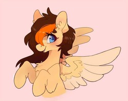 Size: 640x508 | Tagged: safe, artist:dreamyri, oc, oc only, oc:aerion featherquill, pegasus, pony, blue eyes, blushing, colored wings, female, looking at you, mare, multicolored hair, multicolored wings, raised hooves, simple background, smiling, solo, spread wings