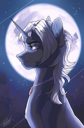 Size: 2193x3327 | Tagged: safe, artist:orfartina, oc, oc only, pony, unicorn, commission, full moon, high res, male, moon, night, side view, signature, solo, stars