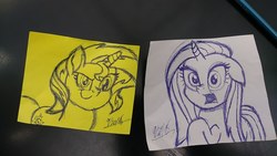 Size: 2560x1440 | Tagged: safe, artist:deon miller, rarity, sunset shimmer, pony, g4, my little pony: the movie, flash cards, ink, ink drawing, traditional art