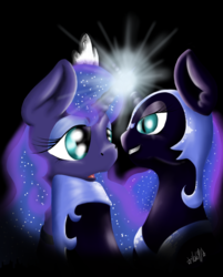 Size: 800x994 | Tagged: safe, artist:valemjj, nightmare moon, princess luna, alicorn, pony, g4, crossed horns, duo, horn, horns are touching
